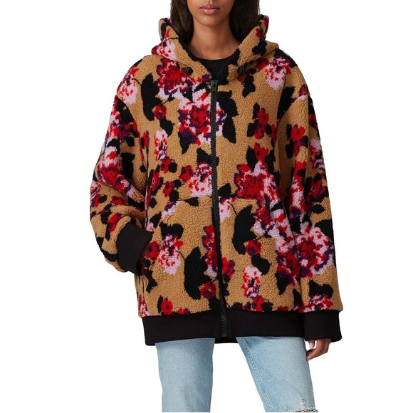 MSGM Giubbino Fleece Jacket Tan Red Floral Sherpa Zip Up Hooded Sz 38 / 4 US